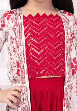 Embroidered Georgette Crop Top Set in Fuchsia