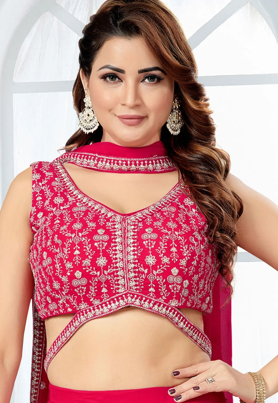 Embroidered Georgette Crop Top Set in Fuchsia