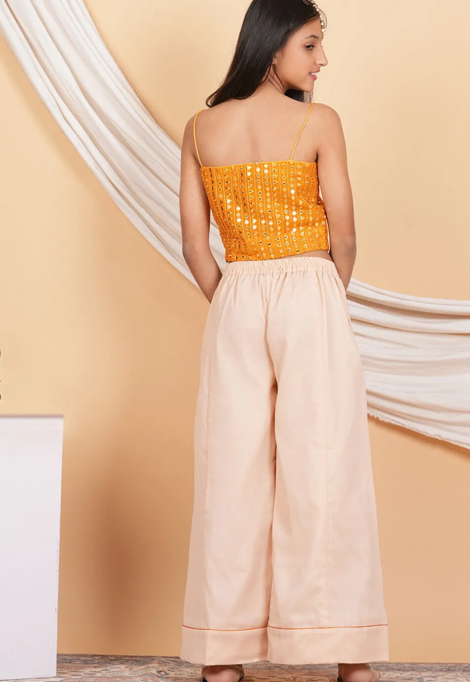 Embroidered Georgette Crop Top Set in Orange
