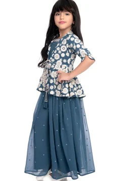 Embroidered Georgette Crop Top Set in Blue