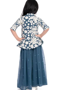 Embroidered Georgette Crop Top Set in Blue