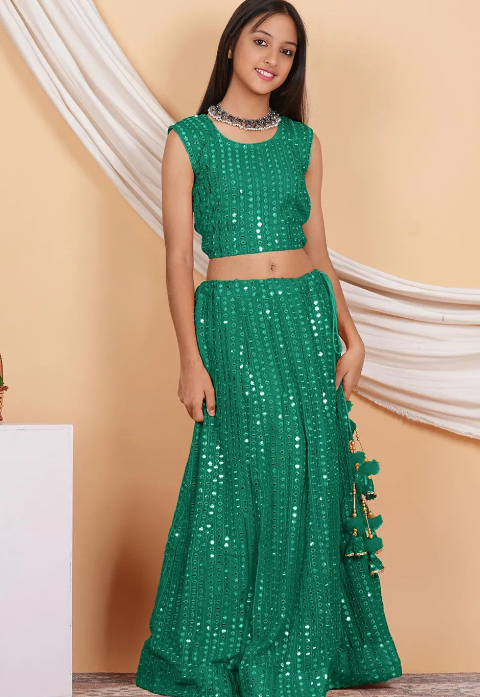 Embroidered Georgette Crop Top Set in Teal Green