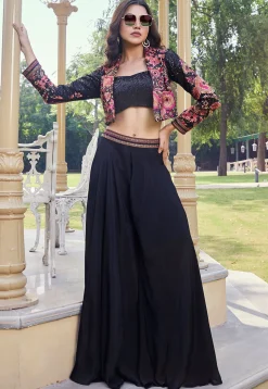 Embroidered Georgette Crop Top Set in Black