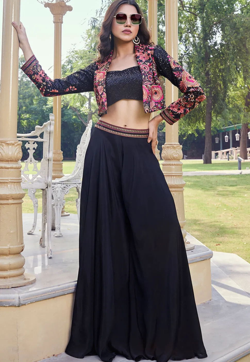 Embroidered Georgette Crop Top Set in Black