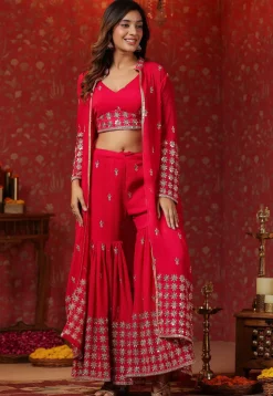 Embroidered Georgette Crushed Crop Top Set in Fuchsia