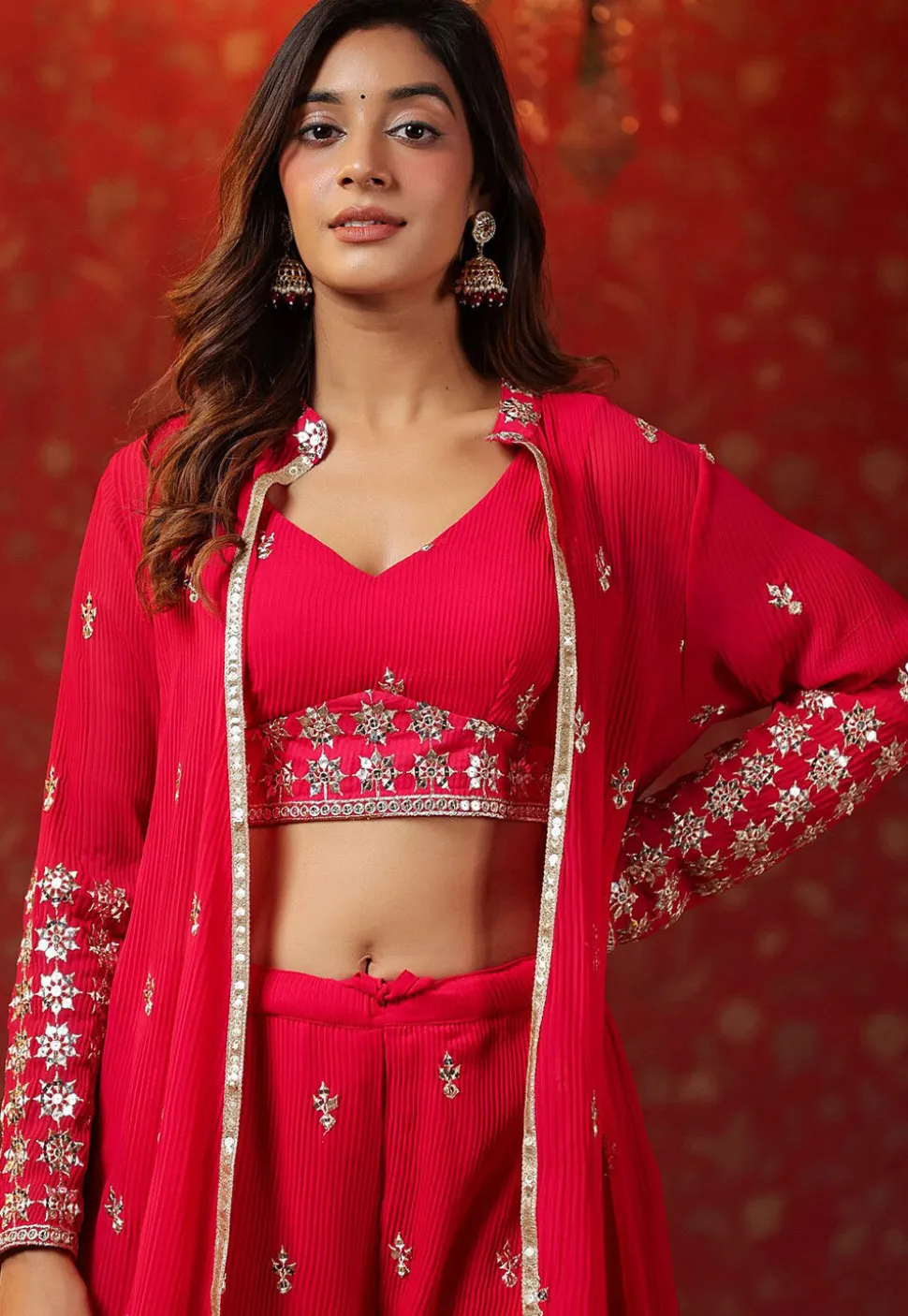 Embroidered Georgette Crushed Crop Top Set in Fuchsia