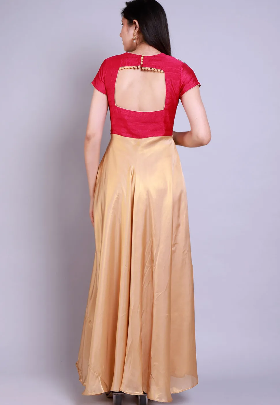 Embroidered Georgette Deep Back Kurta in Golden and Pink