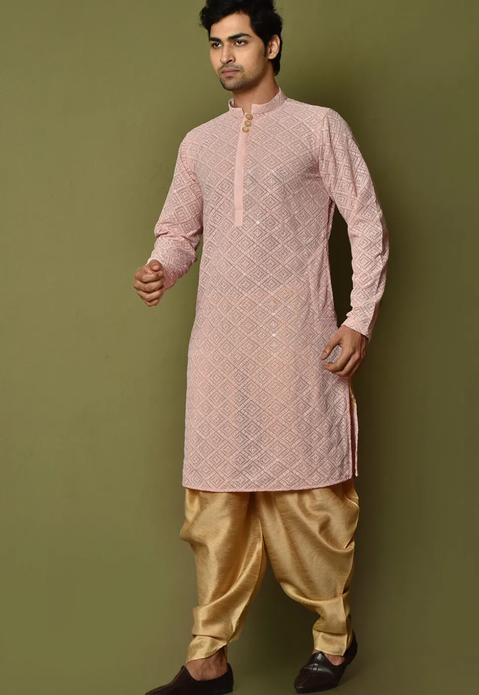 Embroidered Georgette Dhoti Kurta in Light Pink