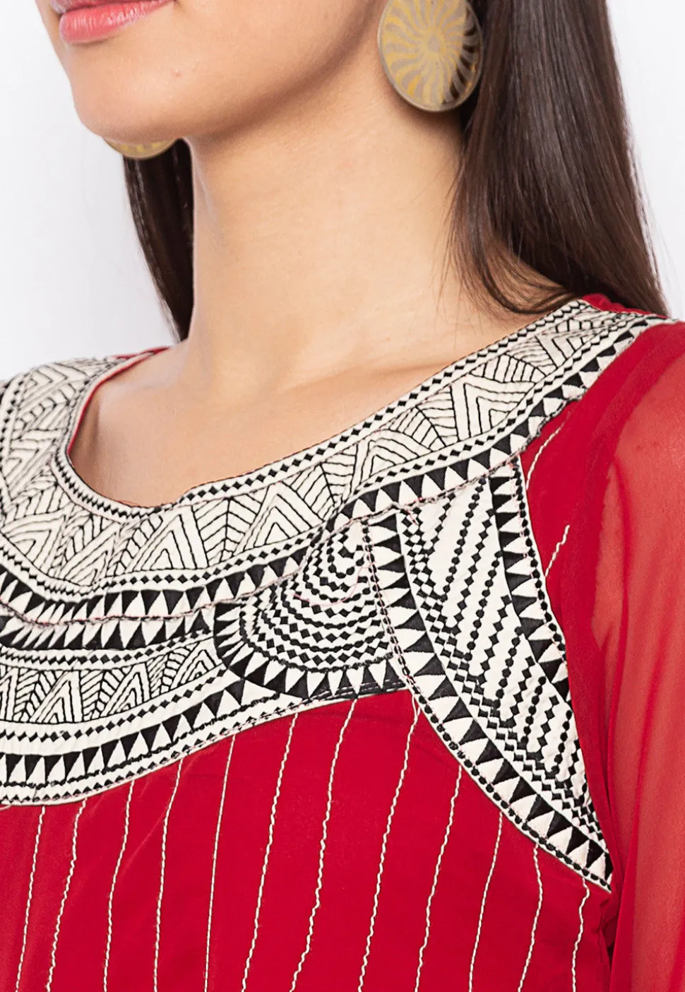 Embroidered Georgette Dress in Maroon