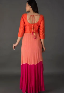 Embroidered Georgette Dress in Shaded Peach and Pink