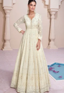 Embroidered Georgette Flared Gown in Off White