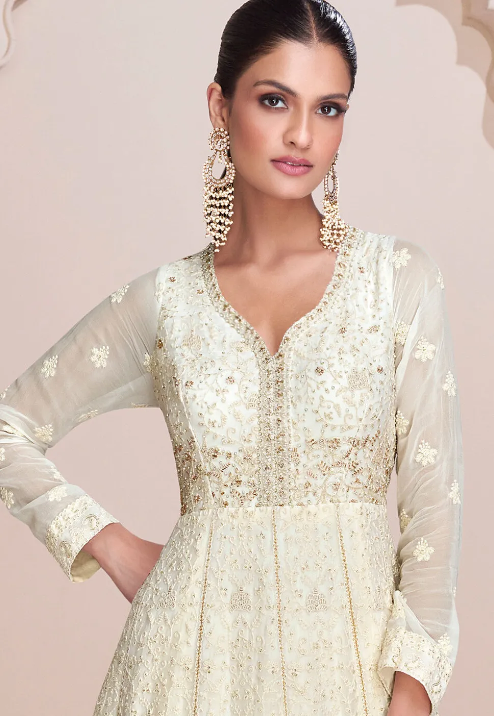 Embroidered Georgette Flared Gown in Off White