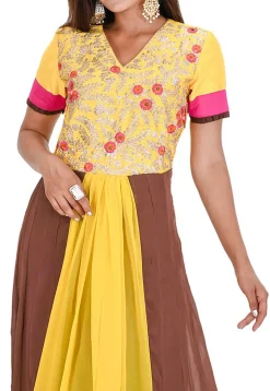 Embroidered Georgette Flared Kurta in Yellow and Brown
