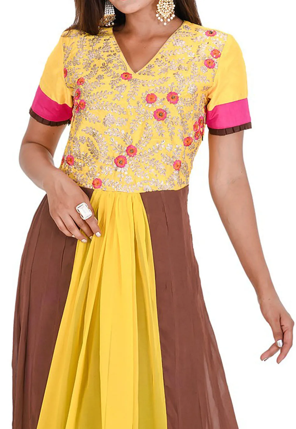 Embroidered Georgette Flared Kurta in Yellow and Brown