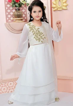 Embroidered Georgette Flounced Lehenga in Off White