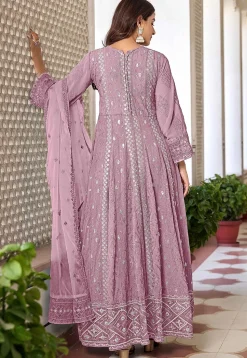 Embroidered Georgette Front Slit Abaya Style Suit in Light Purple