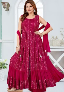 Embroidered Georgette Front Open Pakistani Suit in Fuchsia