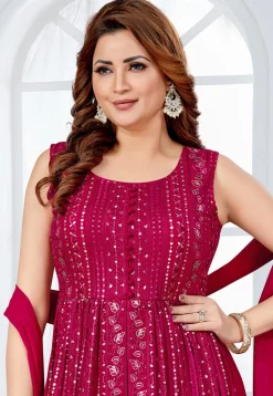 Embroidered Georgette Front Open Pakistani Suit in Fuchsia