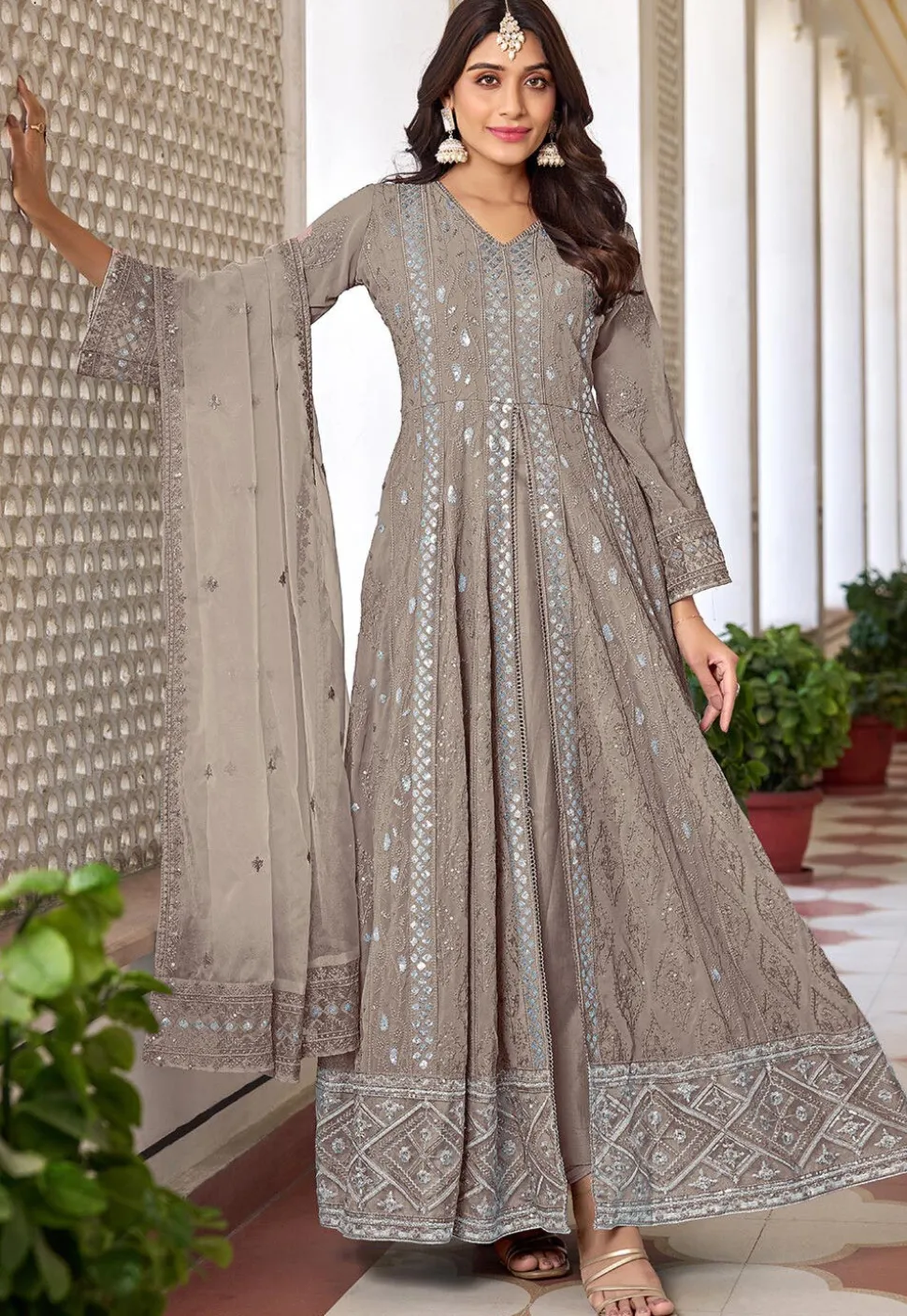 Embroidered Georgette Front Slit Abaya Style Suit in Dusty Peach