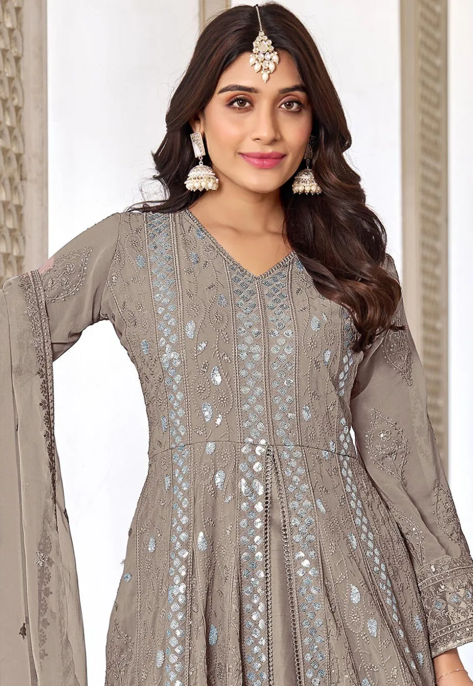 Embroidered Georgette Front Slit Abaya Style Suit in Dusty Peach