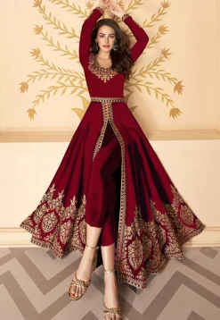 Embroidered Georgette Front Open Anarkali Suit in Maroon