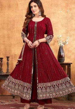 Embroidered Georgette Front Slit Anarkali Suit in Maroon