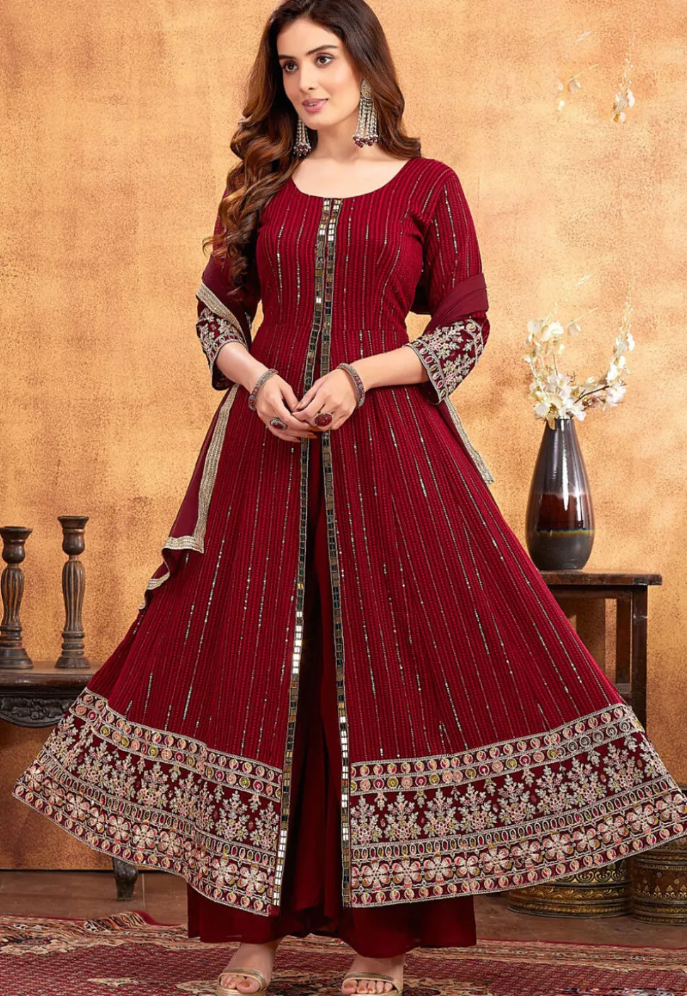 Embroidered Georgette Front Slit Anarkali Suit in Maroon