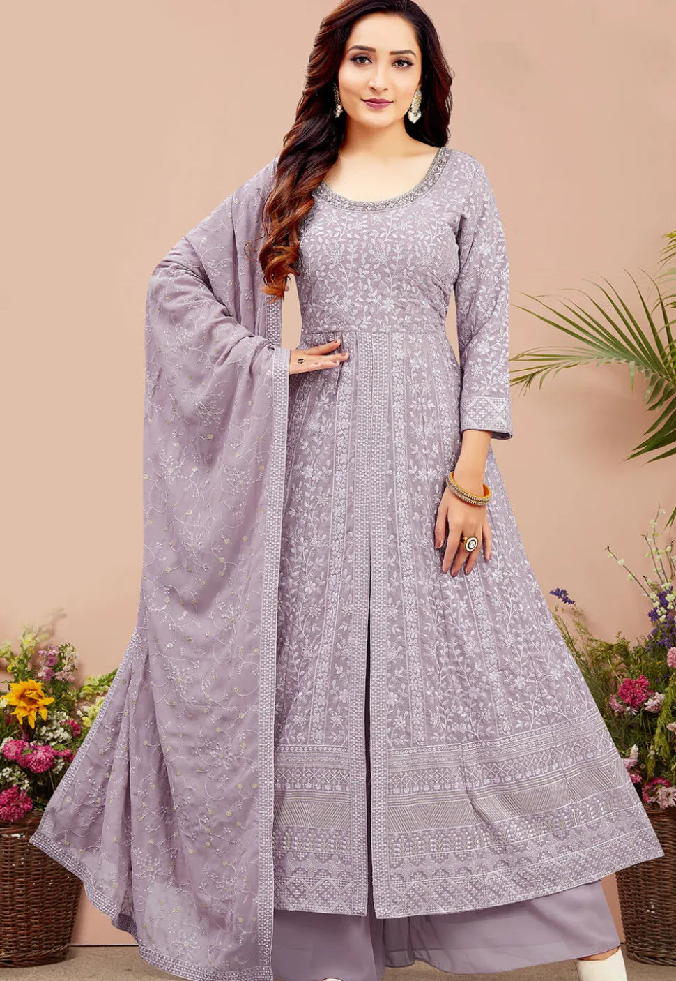 Embroidered Georgette Front Slit Anarkali Suit in Purple