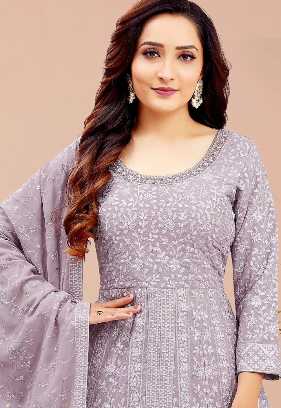 Embroidered Georgette Front Slit Anarkali Suit in Purple