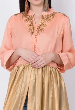 Embroidered Georgette Front Slit Kurta in Golden and Peach