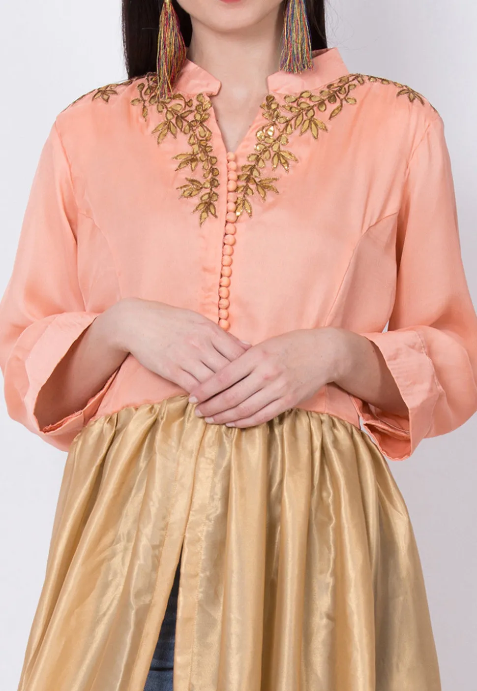 Embroidered Georgette Front Slit Kurta in Golden and Peach