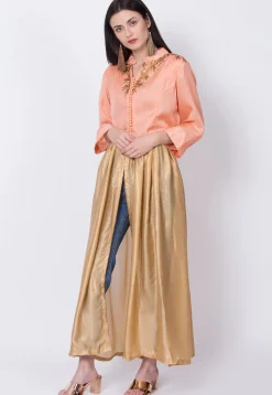 Embroidered Georgette Front Slit Kurta in Golden and Peach