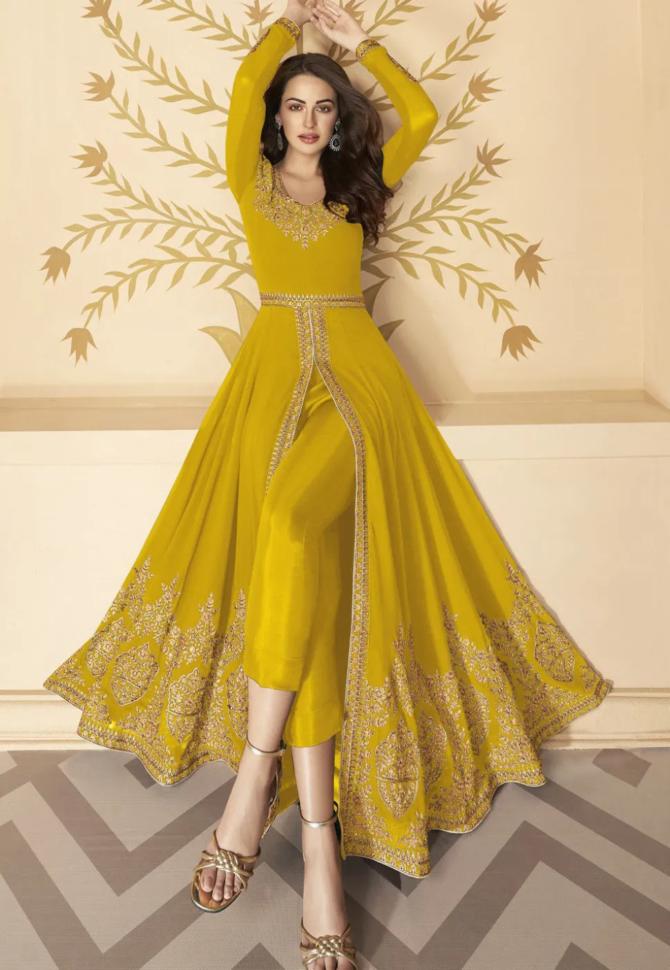 Embroidered Georgette Front Slit Abaya Style Suit in Mustard