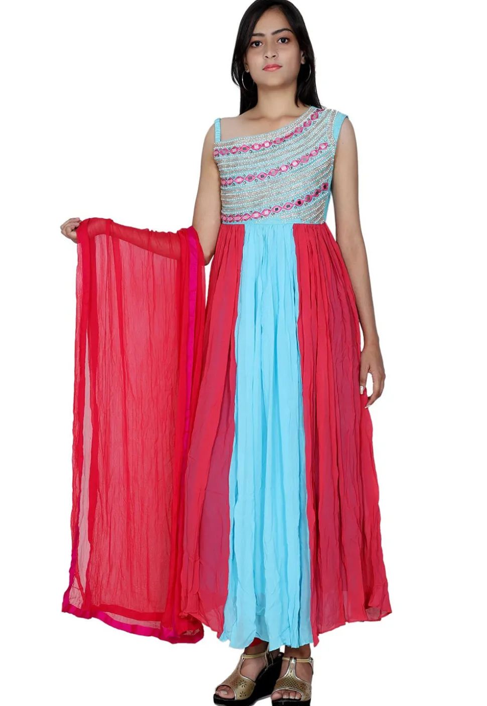Embroidered Georgette Gathered One Strap Suit in Sky Blue and Pink