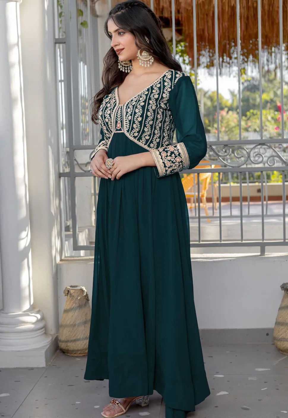 Embroidered Georgette Gown in Dark Teal Blue