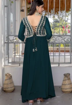 Embroidered Georgette Gown in Dark Teal Blue