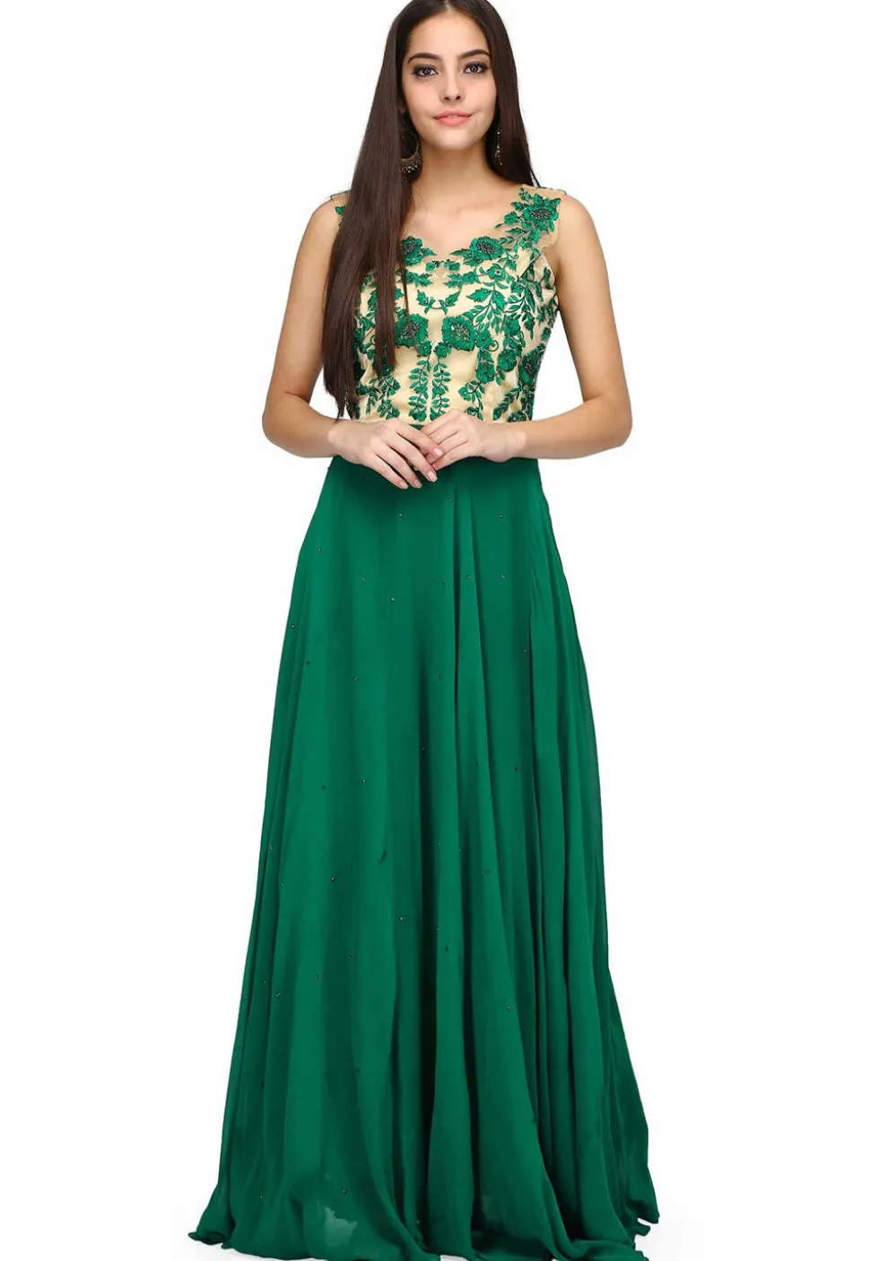 Embroidered Georgette Gown in Green