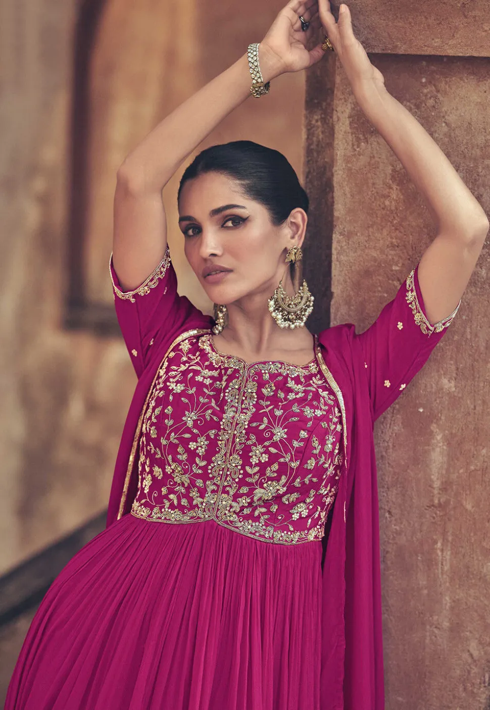 Embroidered Georgette Gown in Pink