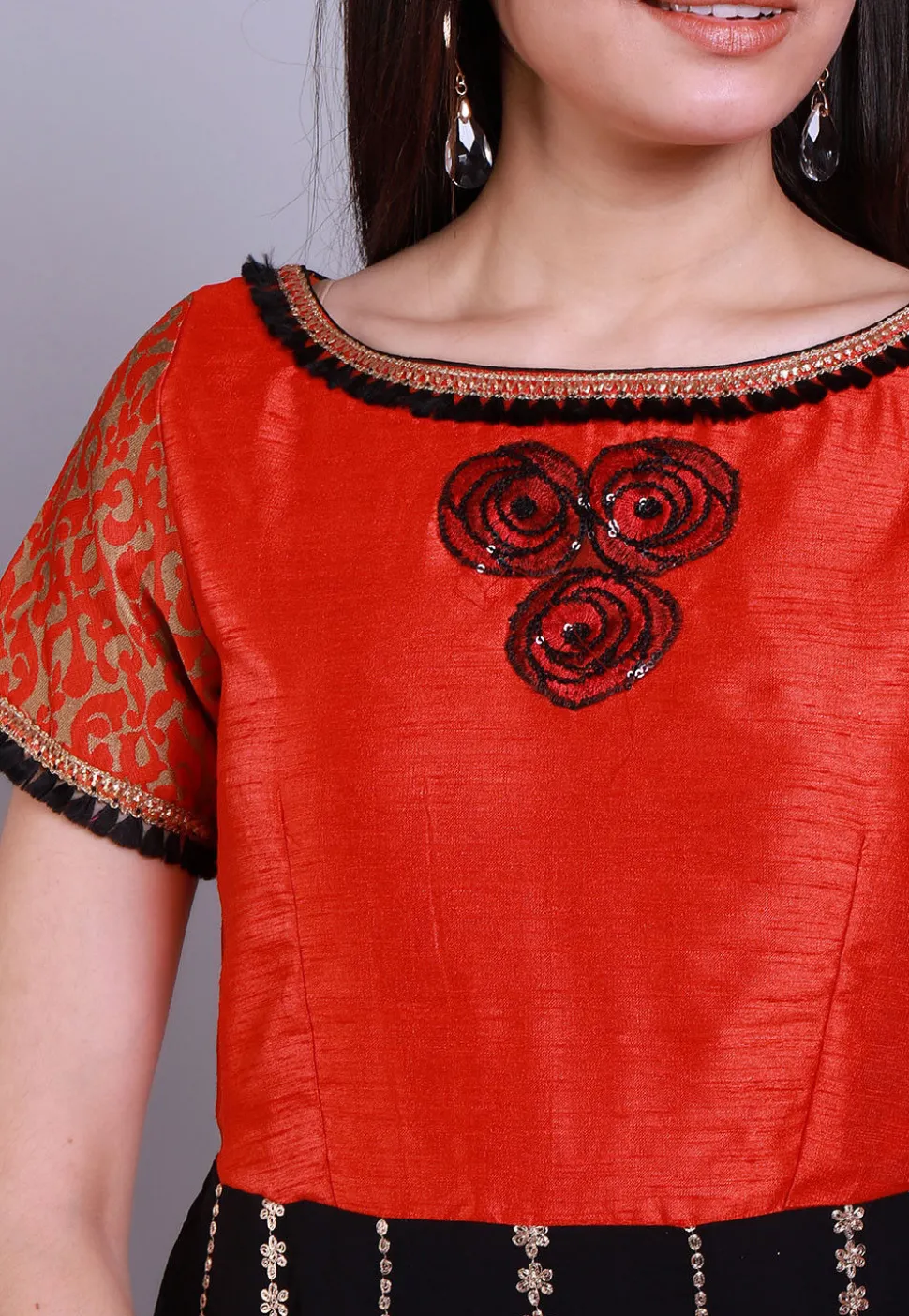 Embroidered Georgette Gown in Black and Orange
