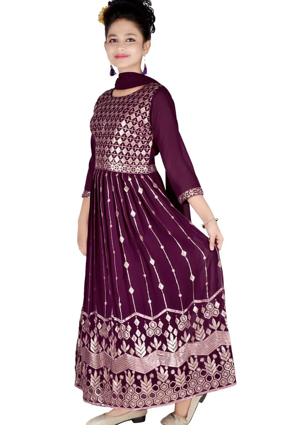 Embroidered Georgette Gown in Violet