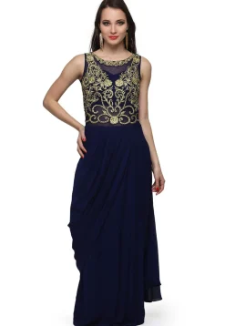 Embroidered Georgette Gown with attached Dupatta in Navy Blue