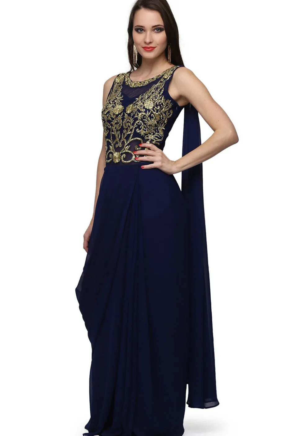 Embroidered Georgette Gown with attached Dupatta in Navy Blue