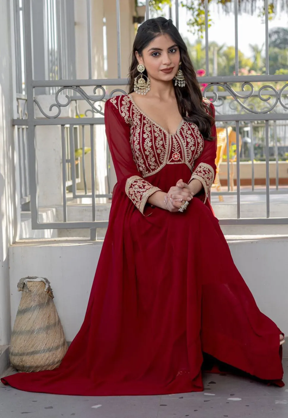 Embroidered Georgette Gown in Maroon
