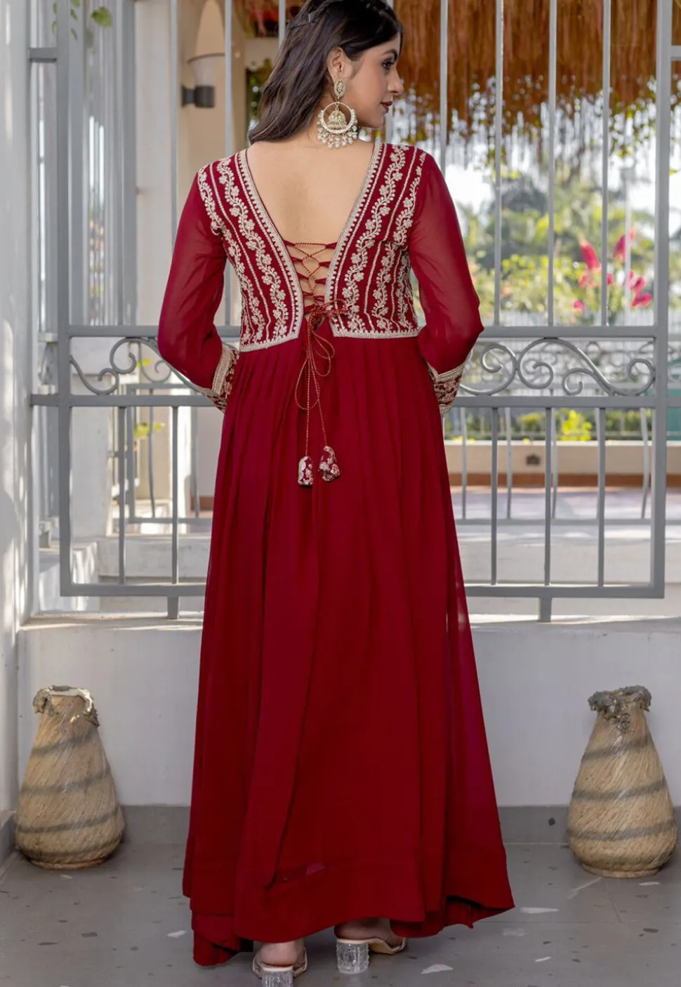 Embroidered Georgette Gown in Maroon
