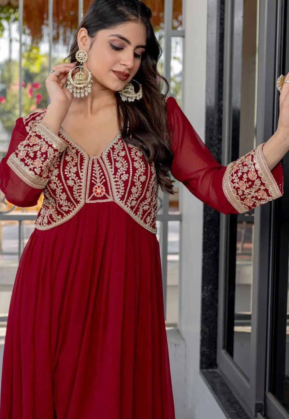 Embroidered Georgette Gown in Maroon