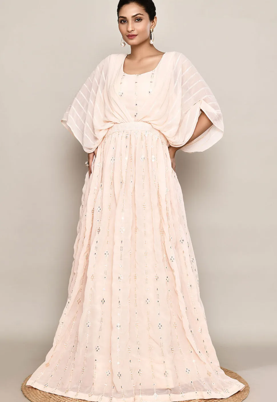 Embroidered Georgette Gown in Peach