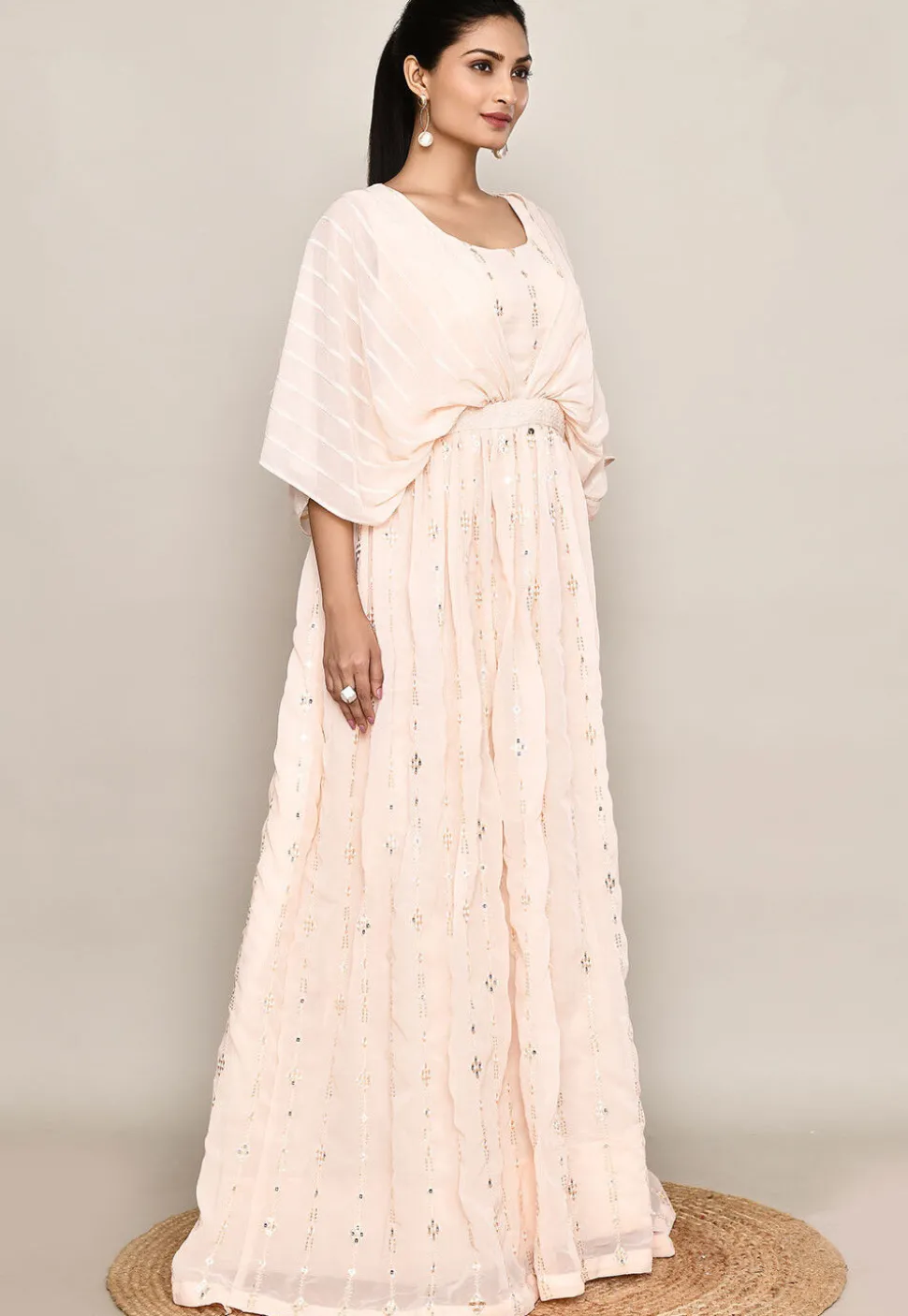 Embroidered Georgette Gown in Peach