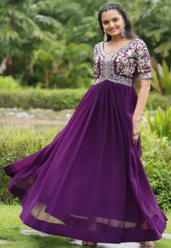 Embroidered Georgette Gown in Purple