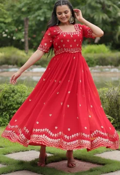 Embroidered Georgette Gown in Red