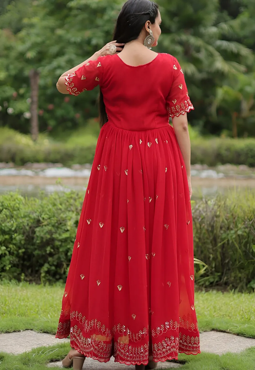 Embroidered Georgette Gown in Red